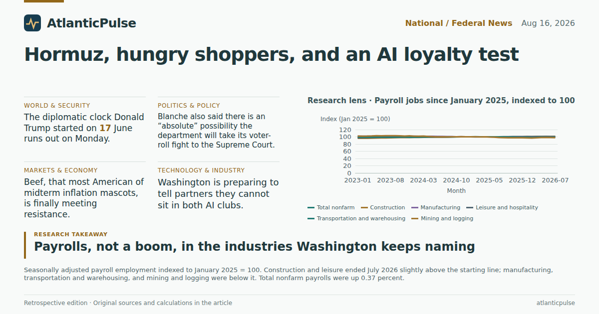Editorial artwork: Hormuz, hungry shoppers, and an AI loyalty test