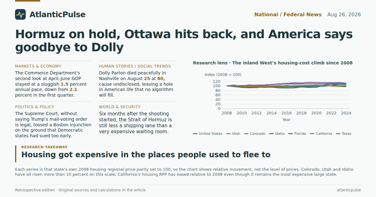 Editorial artwork: Hormuz on hold, Ottawa hits back, and America says goodbye to Dolly