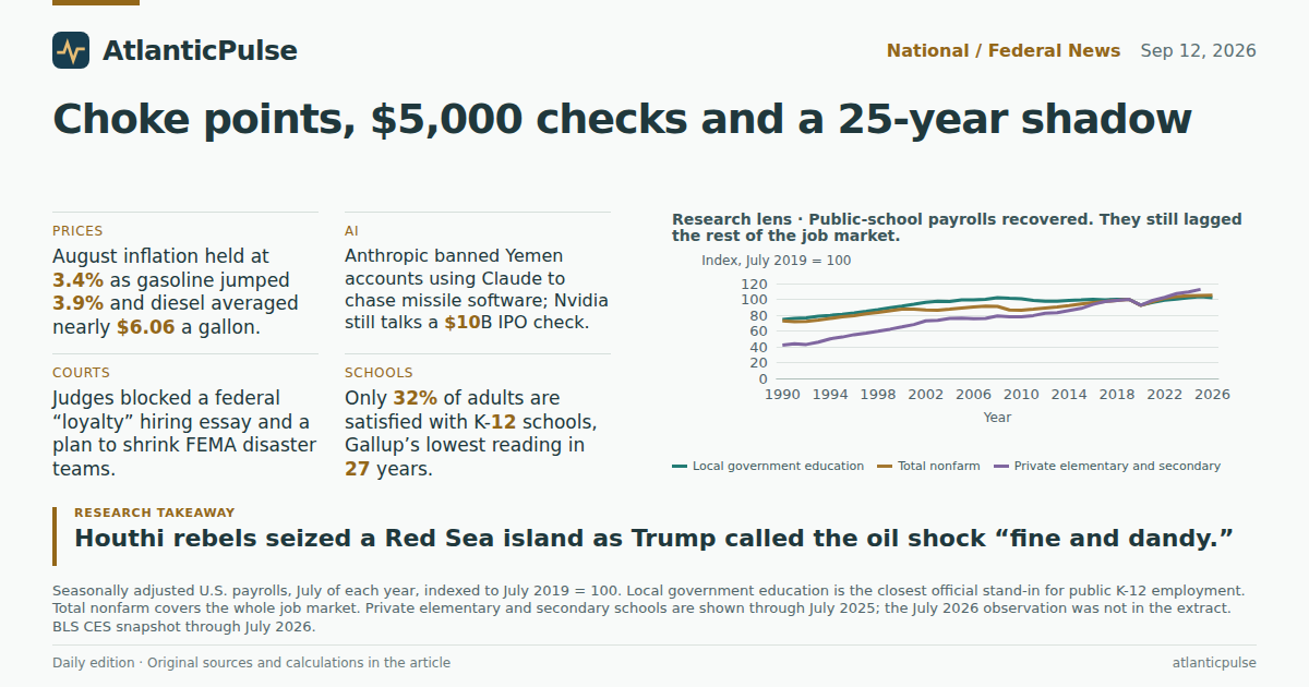 Editorial artwork: Choke points, $5,000 checks and a 25-year shadow