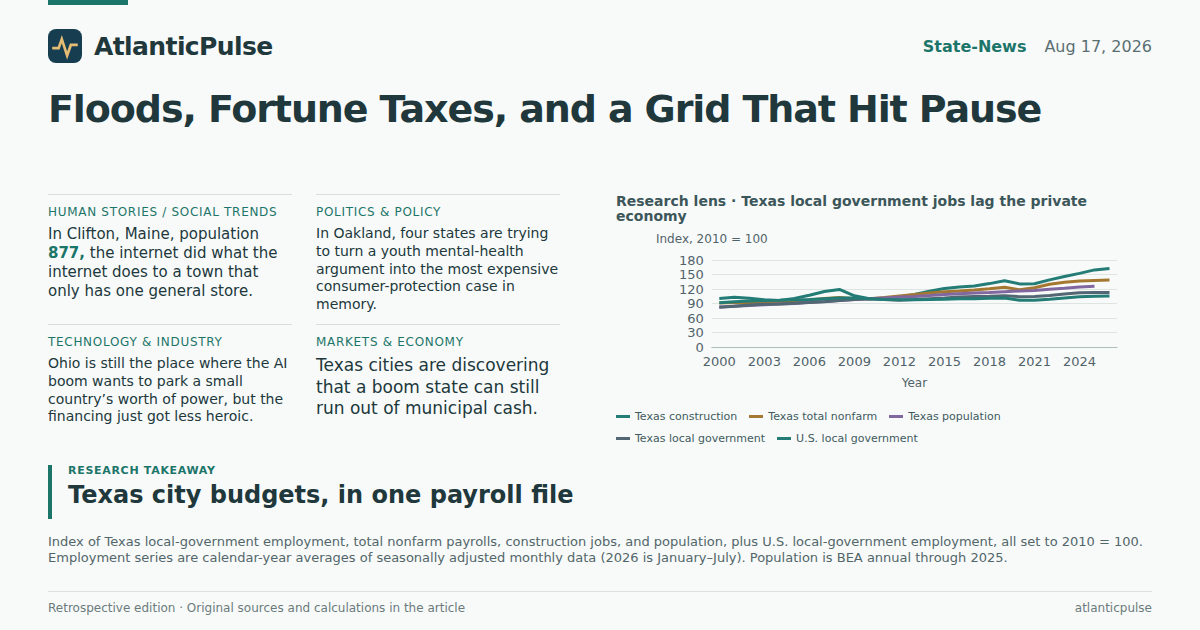 Editorial artwork: Floods, Fortune Taxes, and a Grid That Hit Pause