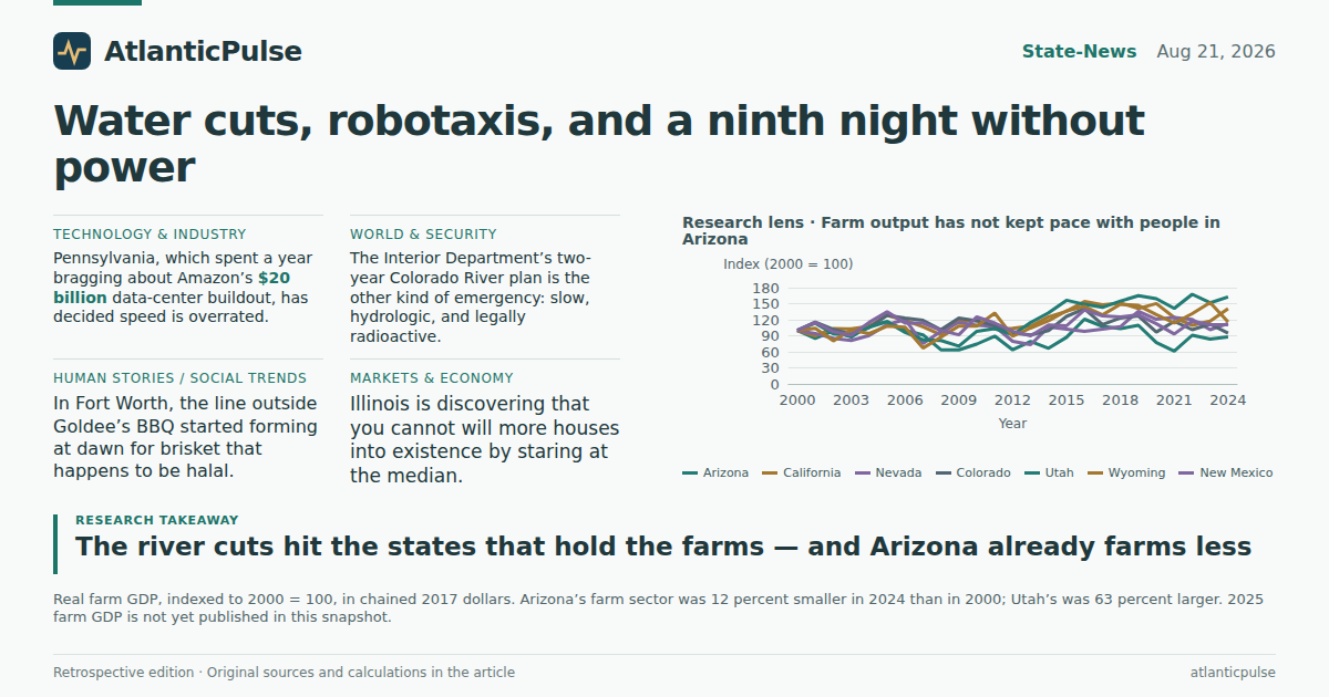 Editorial artwork: Water cuts, robotaxis, and a ninth night without power