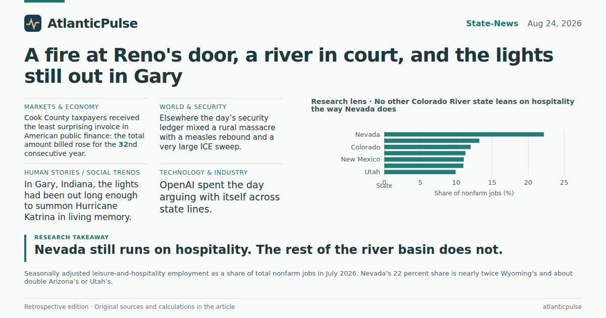 Editorial artwork: A fire at Reno's door, a river in court, and the lights still out in Gary