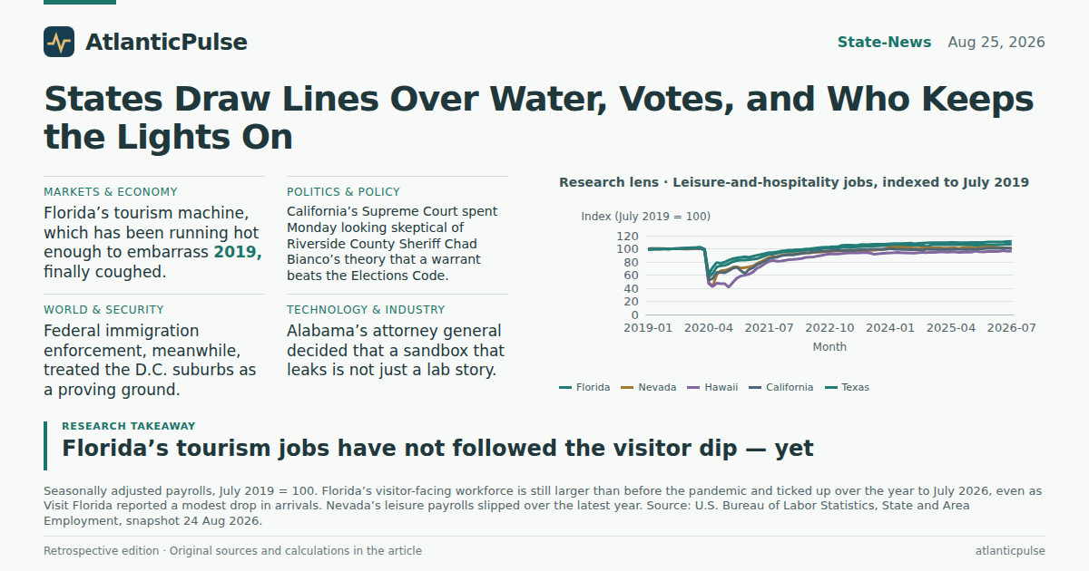 Editorial artwork: States Draw Lines Over Water, Votes, and Who Keeps the Lights On