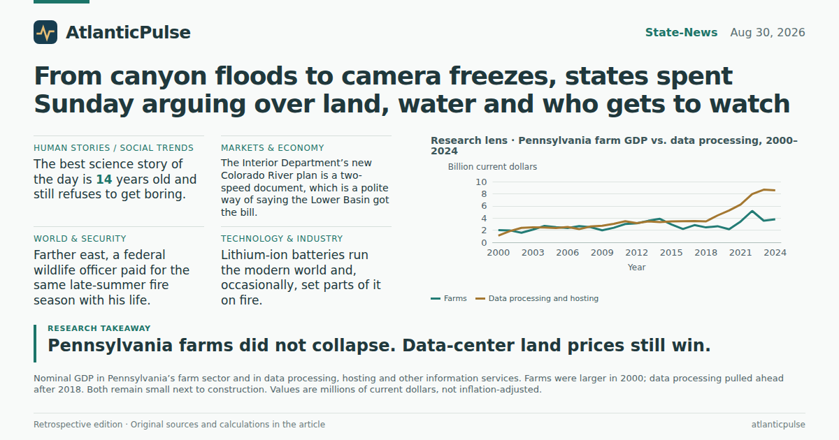 Editorial artwork: From canyon floods to camera freezes, states spent Sunday arguing over land, water and who gets to watch