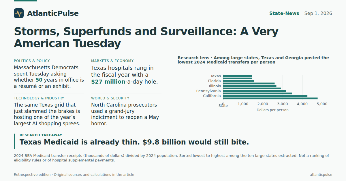 Editorial artwork: Storms, Superfunds and Surveillance: A Very American Tuesday