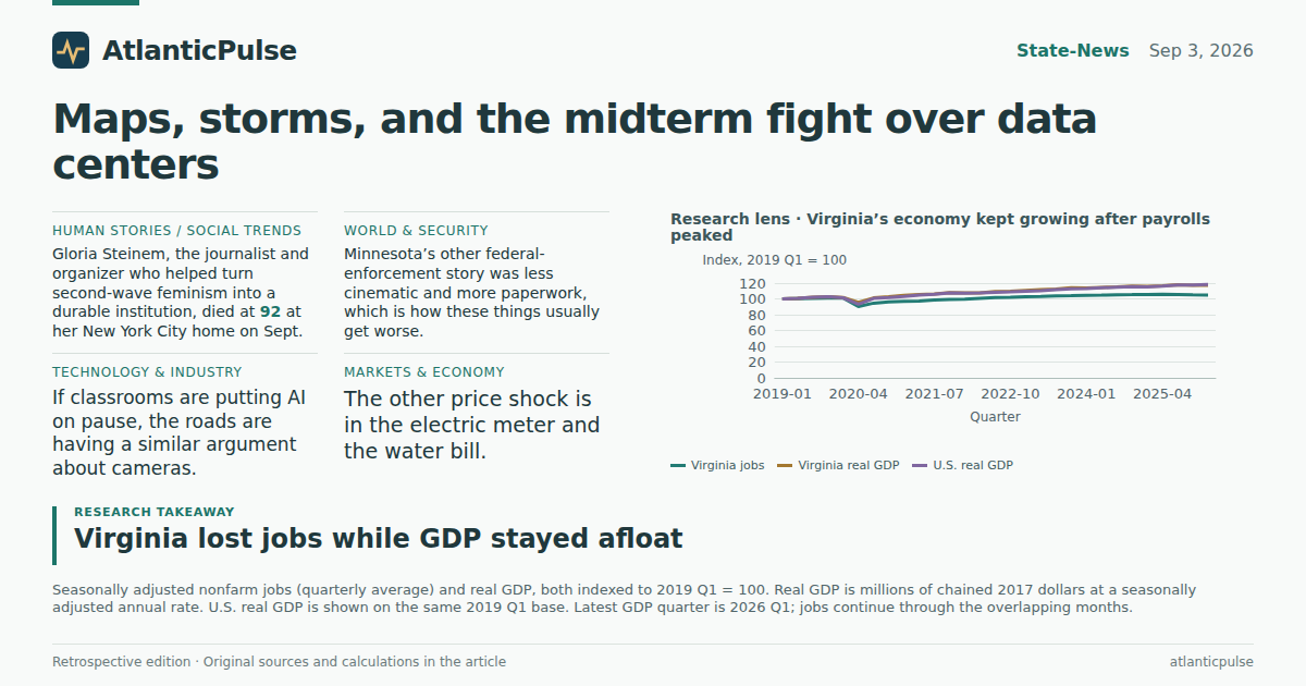 Editorial artwork: Maps, storms, and the midterm fight over data centers