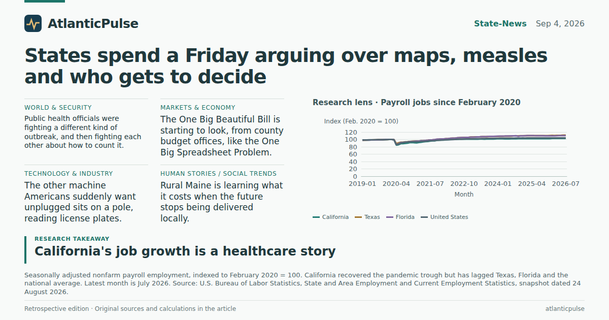 Editorial artwork: States spend a Friday arguing over maps, measles and who gets to decide