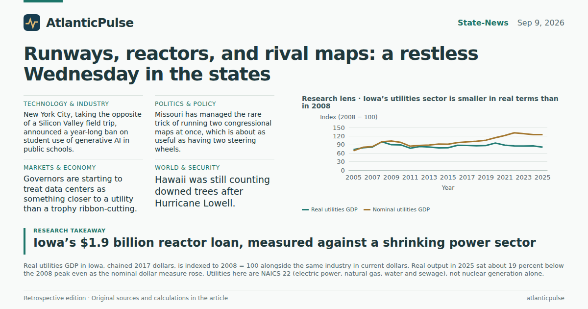 Editorial artwork: Runways, reactors, and rival maps: a restless Wednesday in the states