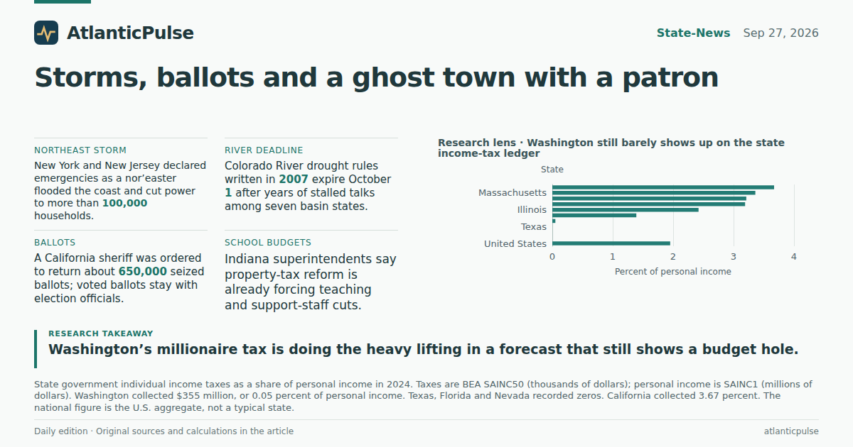 Editorial artwork: Storms, ballots and a ghost town with a patron