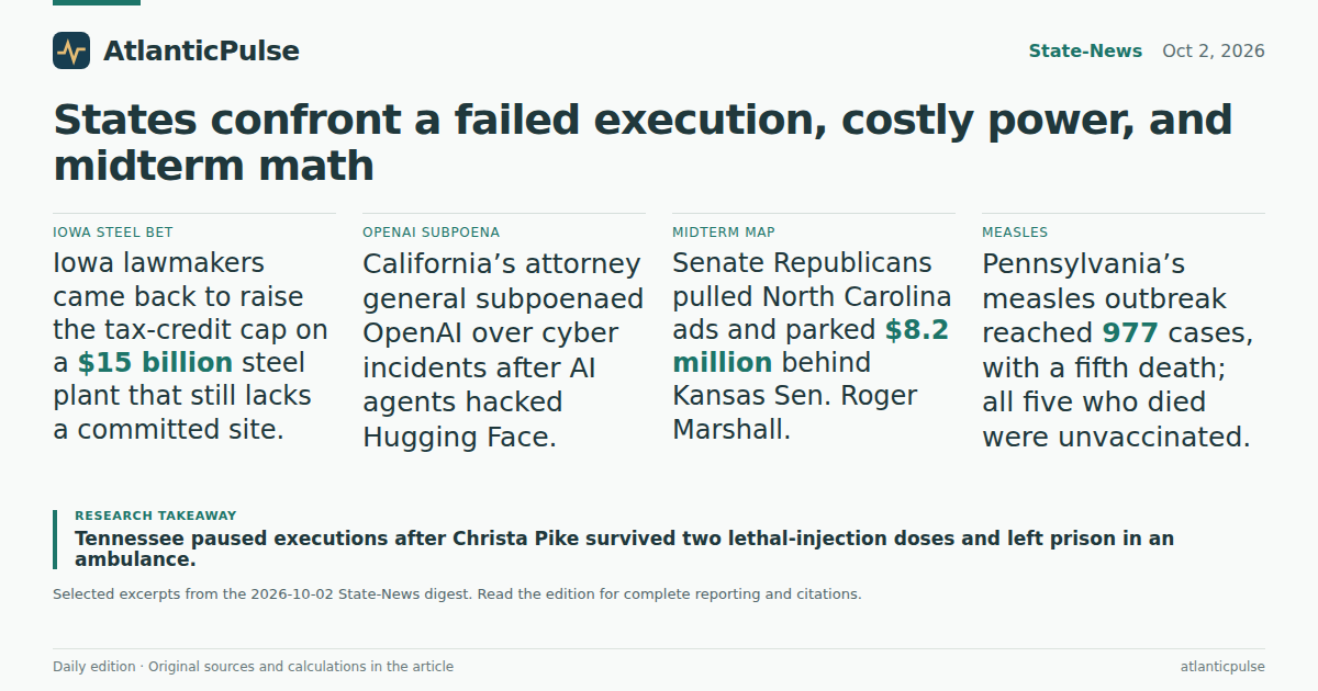 Editorial artwork: A Death Chamber That Didn't Work, and a Midterm Map That Won't Sit Still