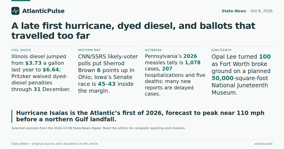 Editorial artwork: A late first hurricane, dyed diesel, and ballots that travelled too far