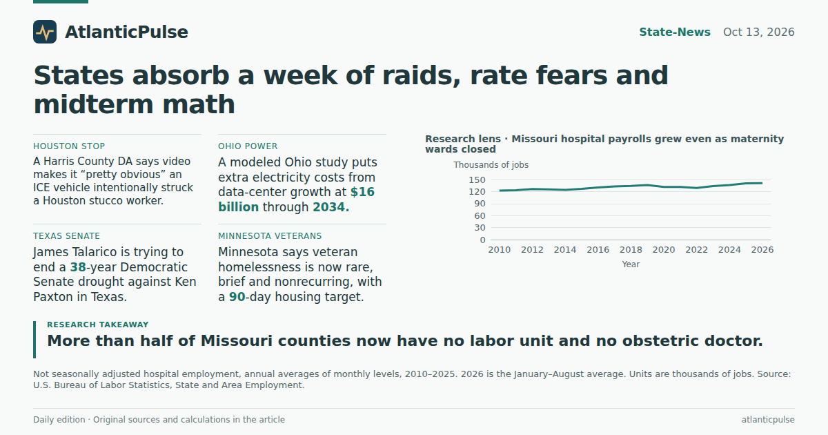 Editorial artwork: States Absorb a Week of Raids, Rate Fears, and Midterm Math