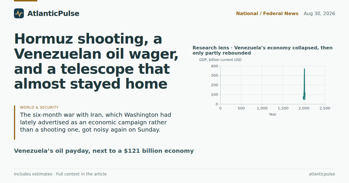 Hormuz shooting, a Venezuelan oil wager, and a telescope that almost stayed home