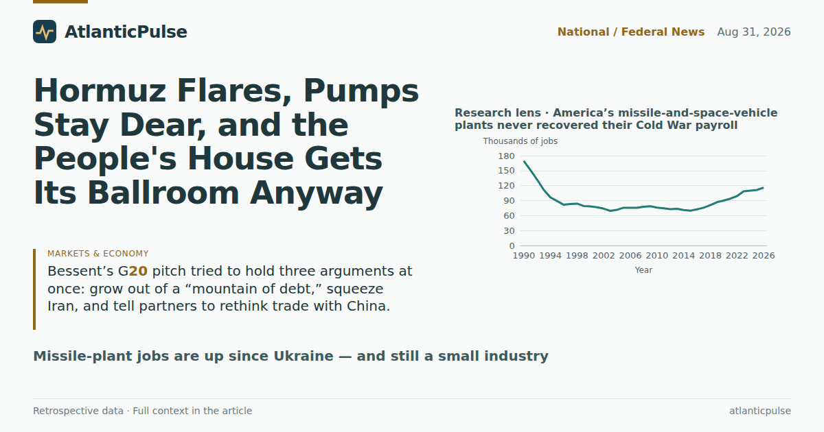 Hormuz Flares, Pumps Stay Dear, and the People's House Gets Its Ballroom Anyway